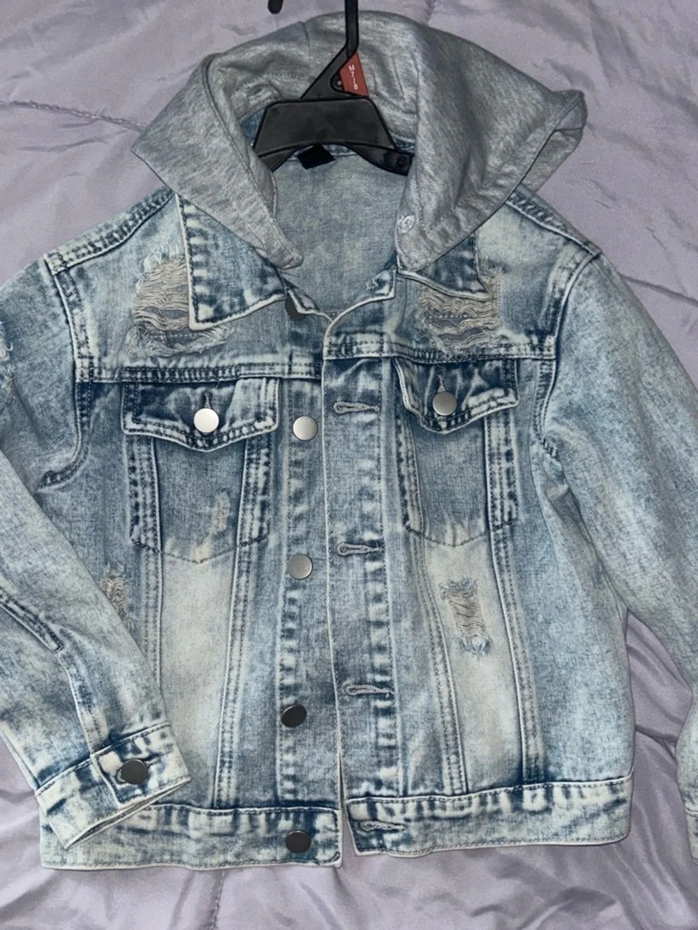 Kids Light Wash Denim Jacket with Grey Hood
